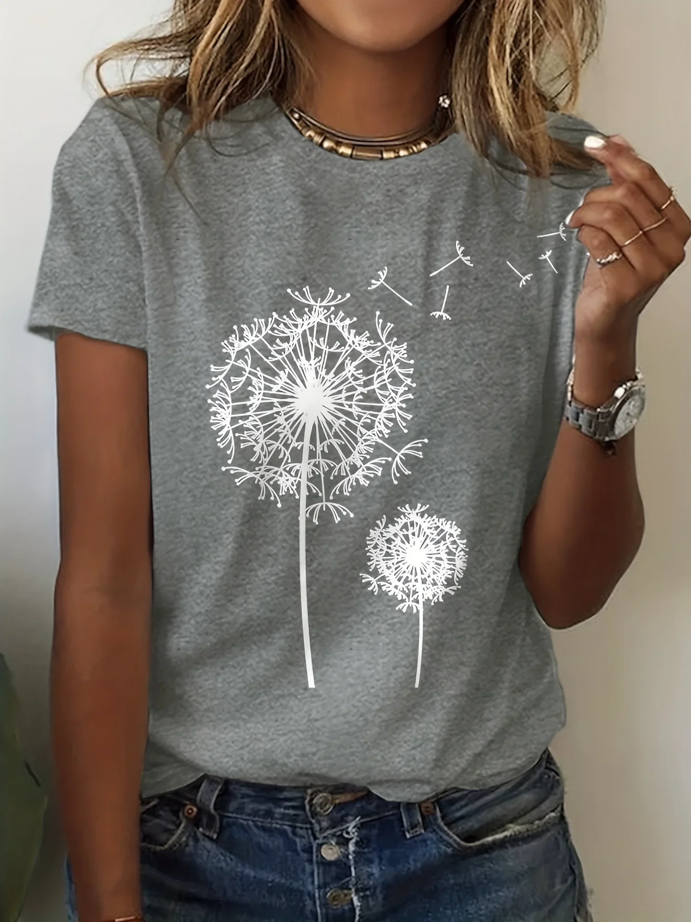 Dandelion Print Crew Neck T-Shirt, Casual Short Sleeve Top For Spring & Summer, Women’s Clothing