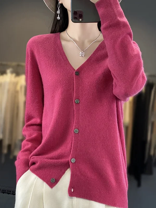 New Fashion Spring Autumn 100% Merino Wool Women's V-neck Cardigan Cashmere Sweater 2024 Female Knitwear Clothing Korean Tops