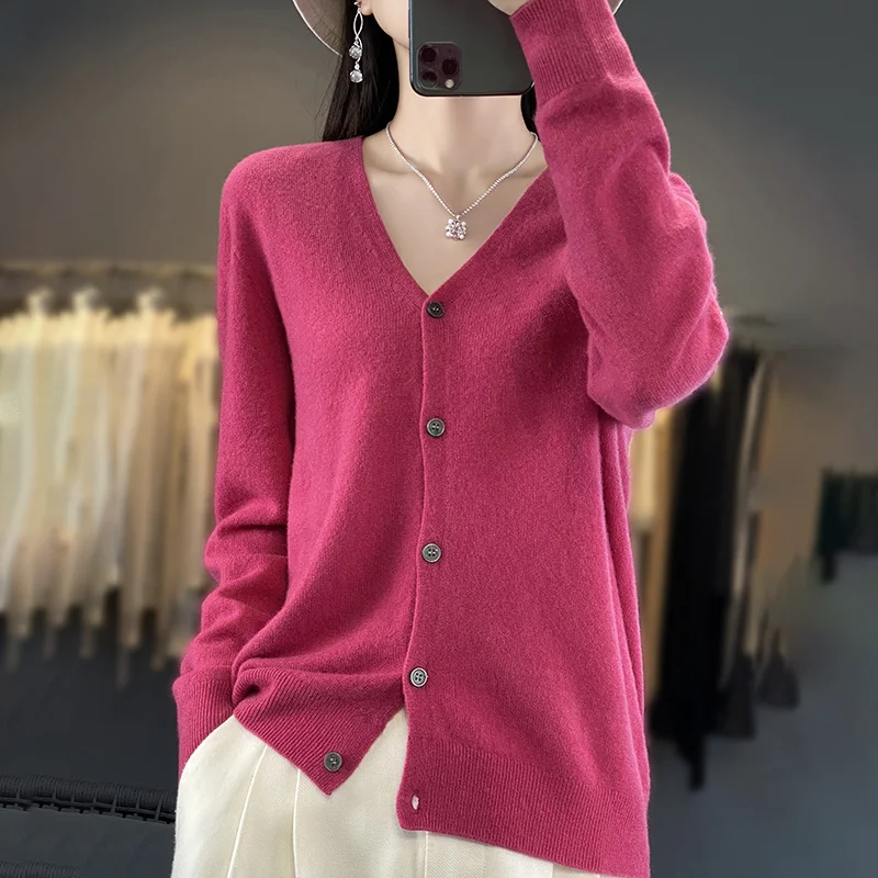 New Fashion Spring Autumn 100% Merino Wool Women’s V-neck Cardigan Cashmere Sweater 2024 Female Knitwear Clothing Korean Tops